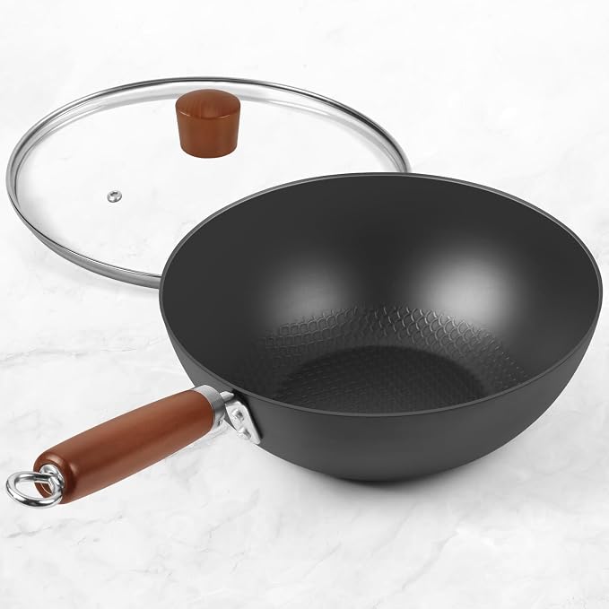 Carbon Steel Wok Pan, Flat Bottom Small Wok | Authentic Chinese Stir-Fry Pans Set with Glass Lid, 1.65lb Lightweight, Small Wok for 1-2 Servings. Wok with Lid