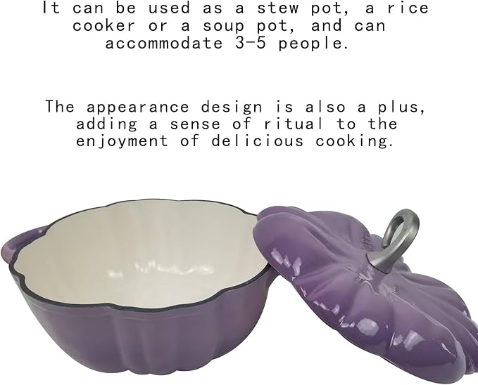 Pumpkin Cocotte Cast Iron Dutch Oven With Lid - Non-Stick Cooking Pot for Stew and Soup - Serves 3-5 - Halloween Thanksgiving Decor Gift (Purple)