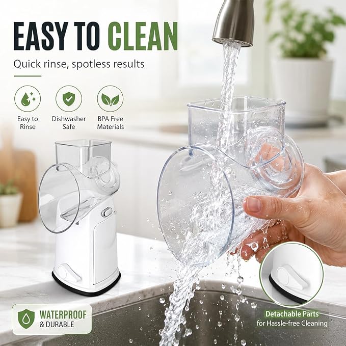 Rotary Cheese Grater with Hand Crank - Cheese Shredder with 5 Interchangeable Stainless Steel Blades, Suction Base & Ergonomic Handle | Vegetable Slicer, Food Grater for Cheese, Nuts & Chocolate