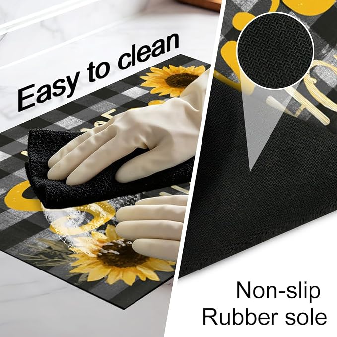Sunflower Home Sweet Home Stove Top Cover, Buffalo Plaid, 28x20 in | Home Sweet Home sign with sunflowers on gray buffalo plaid; non-slip mat; protects glass and electric cooktops; 28x20 in