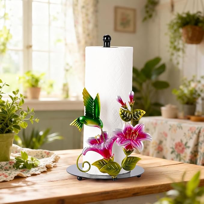 Flower & Hummingbird Paper Towel Holder Countertop for Kitchen | Decorative Farmhouse Kitchen Accessory, Hummingbird Housewarming Gifts for Women Mom bird lovers, Handmade with Weighted Base
