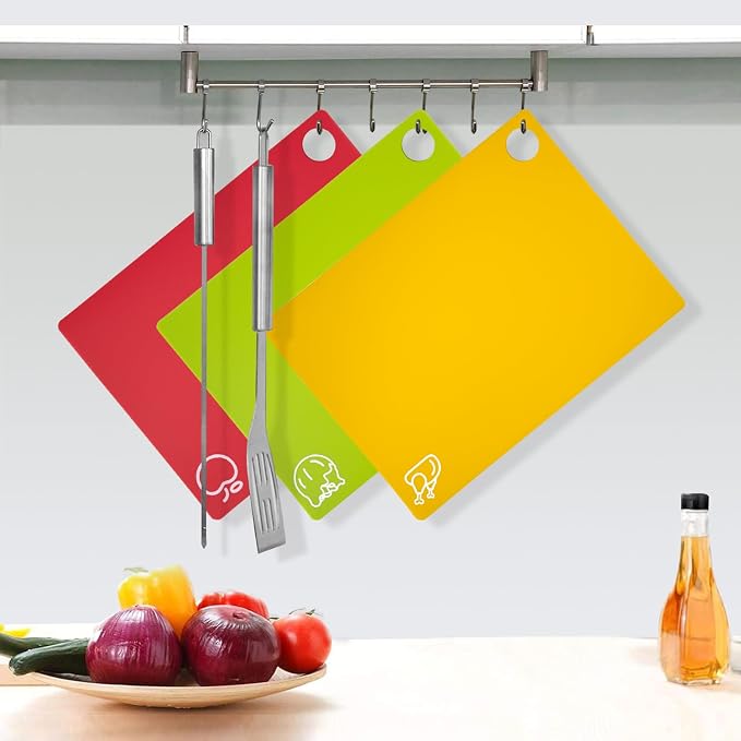 5 Pieces Flexible Cutting Boards with Hanging Hole, BPA Free Plastic Cutting Boards for Kitchen, Non Slip Cutting Mat for Meat and Vegetables