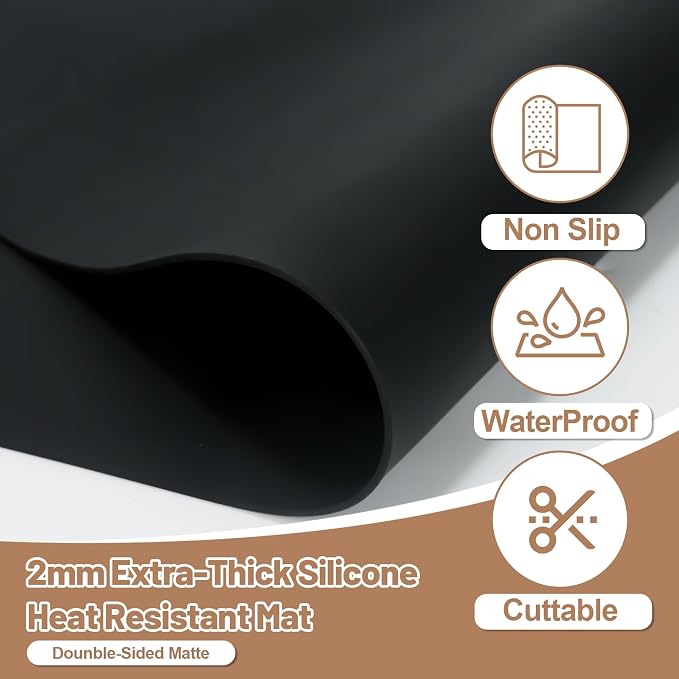 Silicone Heat Resistant Mats for Countertop, 2MM Extra Thick, 18.9*14.57 In | Silicone Mat for kitchen Counter, Non Slip Hot Pad, Waterproof , Suitable for Airfryer, Microwave, Coffee Maker, Black