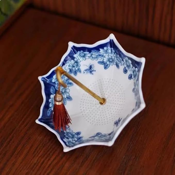 Umbrella Tea Strainer,Blue and White Porcelain Umbrella Shape Ceramic Tea Strainer,Tea Infuser for Loose Leaf Tea,Filter with Rotating Design for Coffee Brewing,Tea Accessories