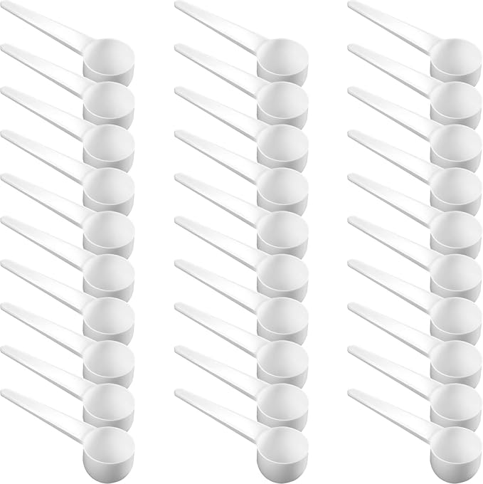 Patelai 30 Pack 15ml/15cc Plastic Tablespoon White Measuring Spoons Long Handle Tablespoon for Coffee, Pet Food, Grains, Protein, Spices and Other Dry Goods