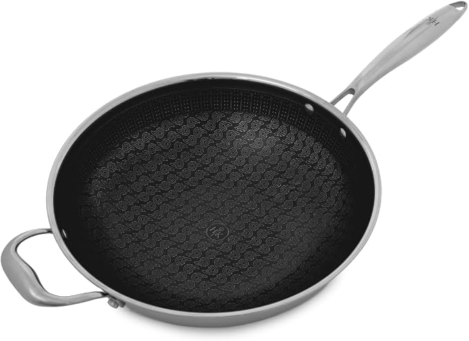 Hell's Kitchen 12-Inch Hybrid Wok, Tri-Clad Stainless Steel, PFAS-Free Ceramic Nonstick, no PFOA, no PTFE, no Teflon, Non-Toxic Cookware, Metal Utensil Safe, All Cooktops and Oven Safe
