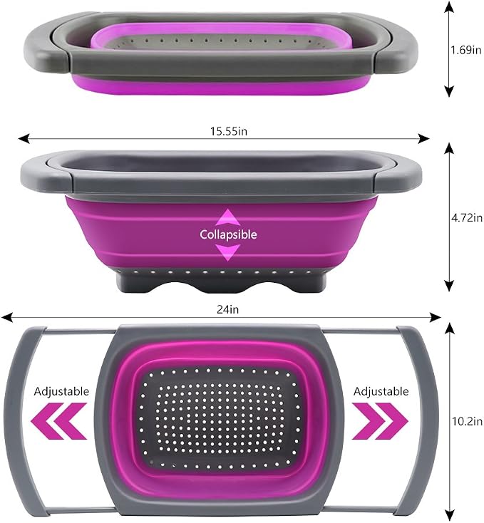 Qimh Collapsible Colander, Kitchen Colander Set Over Sink Strainer Veggies/Fruit Colanders Strainers with Extendable Handles, Dishwasher Safe Folding Strainer for Kitchen, 6-Quart, BPA Free