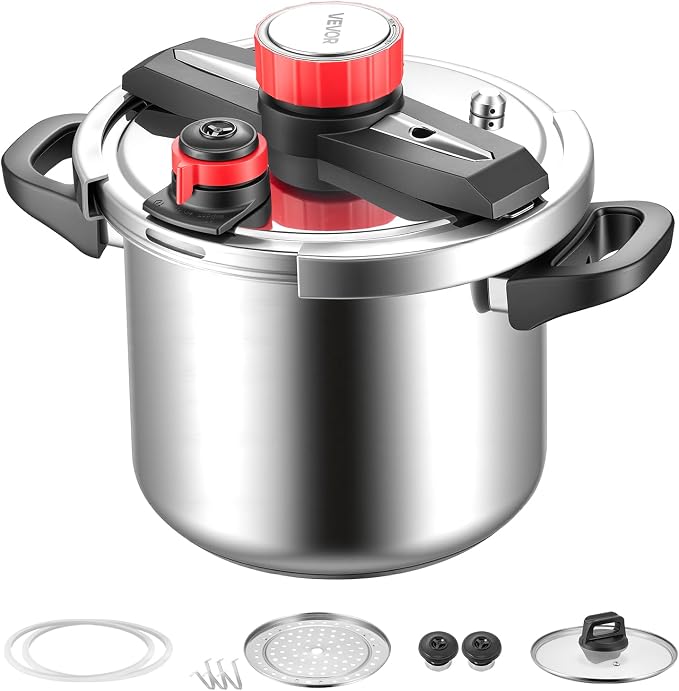 VEVOR Pressure Cooker, 8Qt Pressure Cooker Stainless Steel, Pressures Canner with Steaming Rack, Tempered Glass Lid, Three Pressures Settings for Meat, Beans, Rice, Soup, Sauces, Cook up to 100 kPa