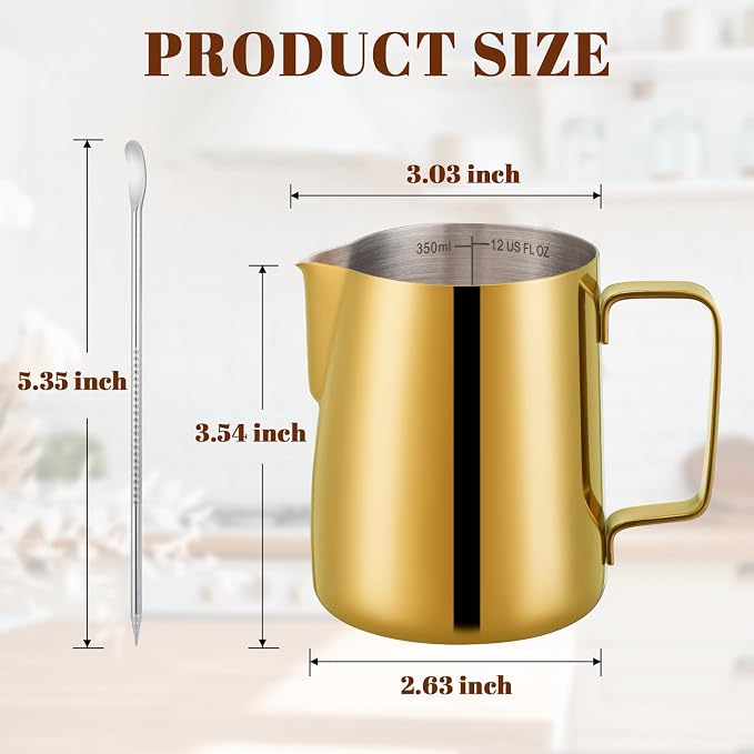 Amrules Milk Frothing Pitcher 12oz Frother Cup Barista Tools, Gold | 18/8 Stainless Steel, 12oz Capacity with Clear Scale, with Decorating Pen, Ergonomic Handle, for Cappuccino, Latte & Espresso