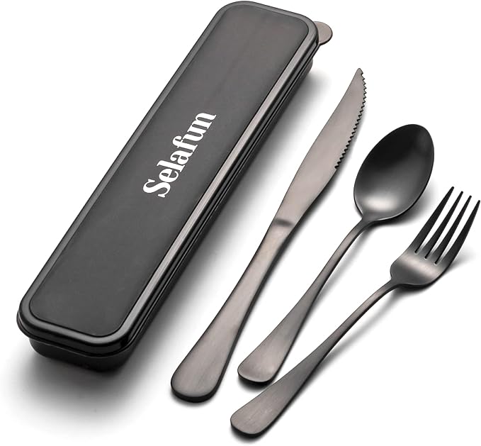 4-pieces Travel Set with Case Portable Silverware Utensils Set for work, Stainless Steel Reusable Flatware Set Cutlery Set for Camping Picnic Hiking Office (6.7inch, Matte Black)