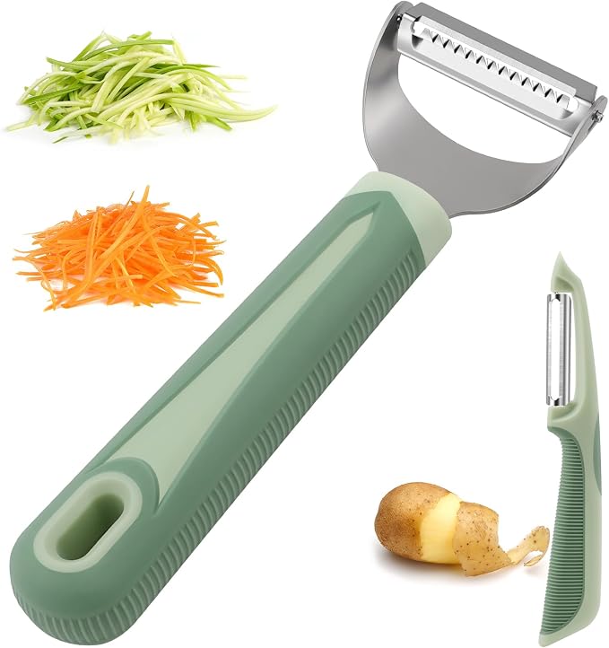 Julienne Peeler Vegetable Peeler with 4.8'' Long Silicone Handle | Non-slip grip & sharp blade; Y carrot shredder -strips for salads & meal prep; Potato peeler -ordinary peeling; 2 Pack; Green