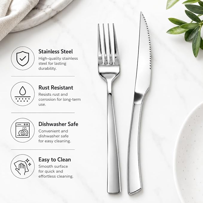 SANTUO 20-Piece Steak Knife and Fork Set for 10, Stainless Steel Steak Knives with Dinner Forks, Serrated Steak Knife Set, Heavy Duty Flatware, Dishwasher Safe for Kitchen, Restaurant and BBQ