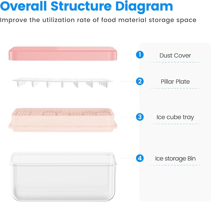Ice Cube Tray with Lid and Bin, Easy Release 28 Cubes for Freezer | Food-grade BPA-free PP and ABS. Ice cubes for fruit, cocktails, iced coffee. Space-saving stackable with scoop