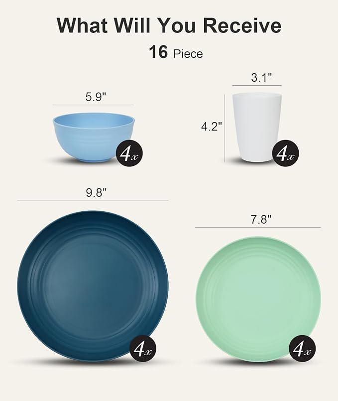 Quatish 16 Piece Plates and Bowls Sets for 4, Unbreakable Dinnerware Sets, Plastic Dish Set for Camping, Dishwasher Microwave Safe, Outdoor Kitchen and Apartment Dorm Dinning RV Essentials, Blue
