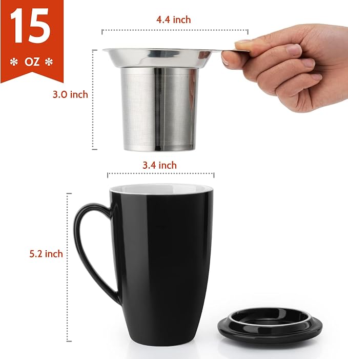 Sweese 15 OZ Porcelain Tea Mug with Infuser and Lid, Loose Leaf Tea Cup, Gifts for Tea Lover, Black