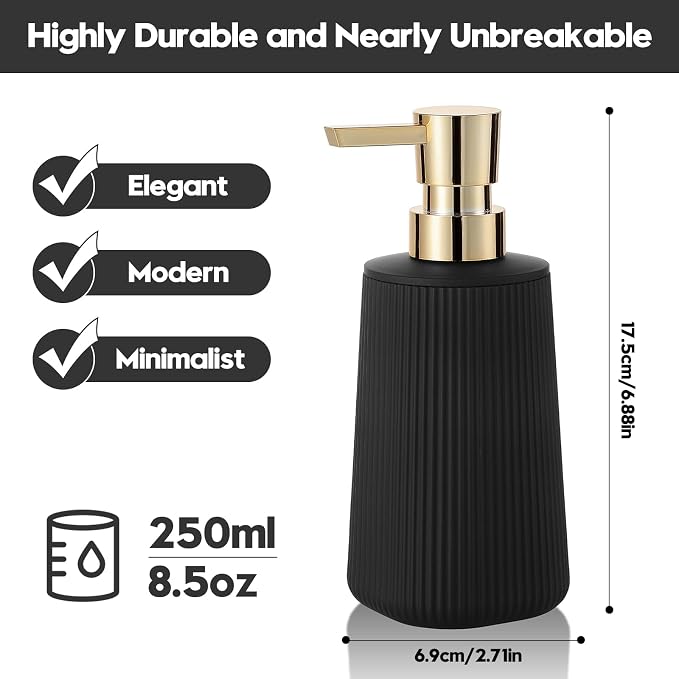 YAUKPH Small Soap Dispenser for Bathroom and Kitchen Matte Black and Gold | Modern Farmhouse Striped Style Plastic Hand Soap Dish Soap Dispenser with Pump