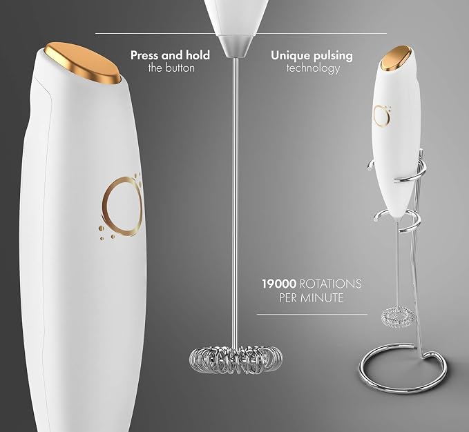 Milk Frother White - Coffee Frother Handheld with Electric Whisk - 19000 rpm - Book Recipes and Stainless Steel Stand Included - Hand Mixer Electric (White and Gold) | Battery 19000 RPM whisk, stainless steel stand & recipe book, lattes, cappuccino, ma...