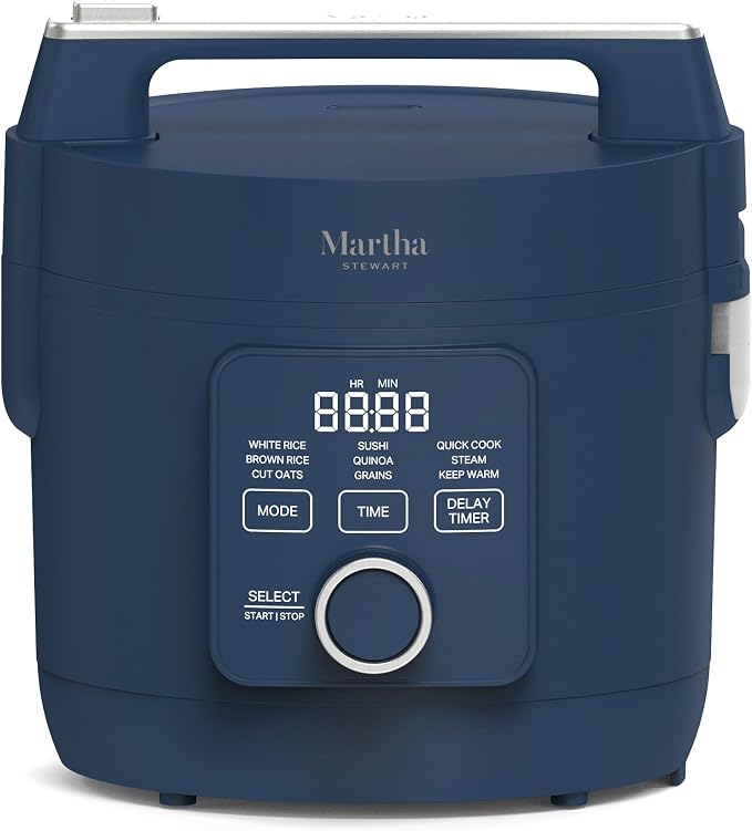 Martha Stewart 8 Cup Cooked (4 Cup Uncooked) Rice Cooker & Steamer, Navy | PFAS-Free Ceramic Nonstick Removable Pot, 9 Modes, Keep Warm, Steamer, White & Brown Rice, Quinoa, Grains, Oats, Easy Clean