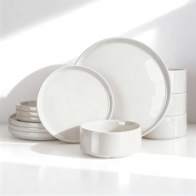 Famiware Porcelain 12-Piece Dinnerware Set, White | Plates and Bowls for 4, Dishwasher & Microwave Safe, Chip & Scratch Resistant, Ideal for Everyday & Formal Use