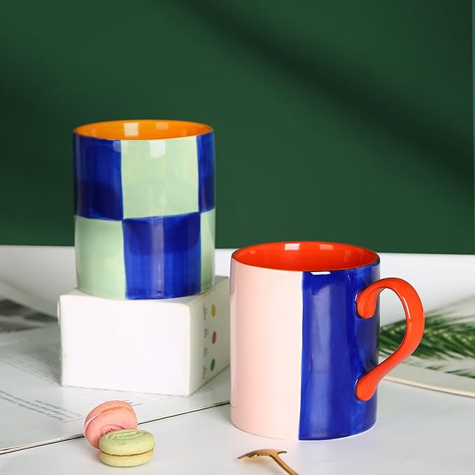 Koja Colorful Hand Painted Ceramic Mugs, 16 oz, Set of 4, Dishwasher Safe | Also microwave safe. Colorful hand painted set makes a great gift for coffee or tea lovers.