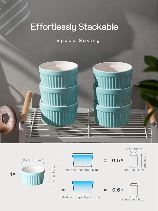 DOWAN Ramekins 6 oz Oven Safe for Creme Brulee Souffle, Porcelain Ramekin for Baking, Classic Style Ramekins Bowls Souffle Dishes Custard Cups, Set of 6, Blue