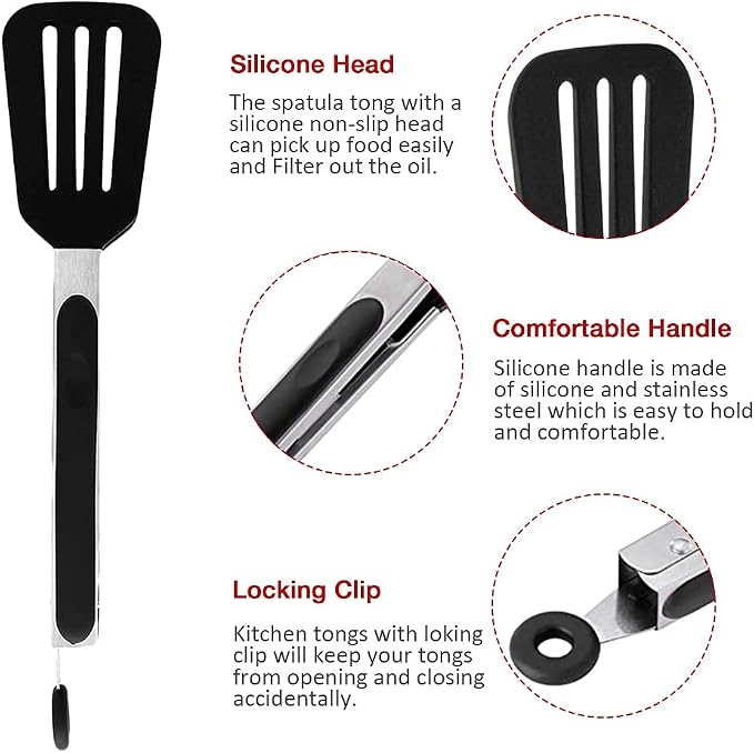 7 inch Mini Silicone Serving Tongs with Silicone Tips Set of 3 | Stainless Steel Handle, Non-Scratch, Heat Resistant, for Salads, Pasta, Steaks, Vegetables