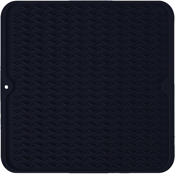 Silicone Dish Drying Mat, Non-Slip Easy Clean Sink Mat, Dark Blue, 12"x12" | Quick-Dry Ridges, Large Heat-resistant Dish Drainer Mat for Kitchen Counter, Hangable & Roll-Up for Storage, Dishwasher Safe