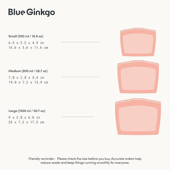 Blue Ginkgo Silicone Food Storage Bags, 3-Pack, Reusable, Made in Korea | Leakproof. Stand Up. Freezer and Dishwasher Safe. (Peach)