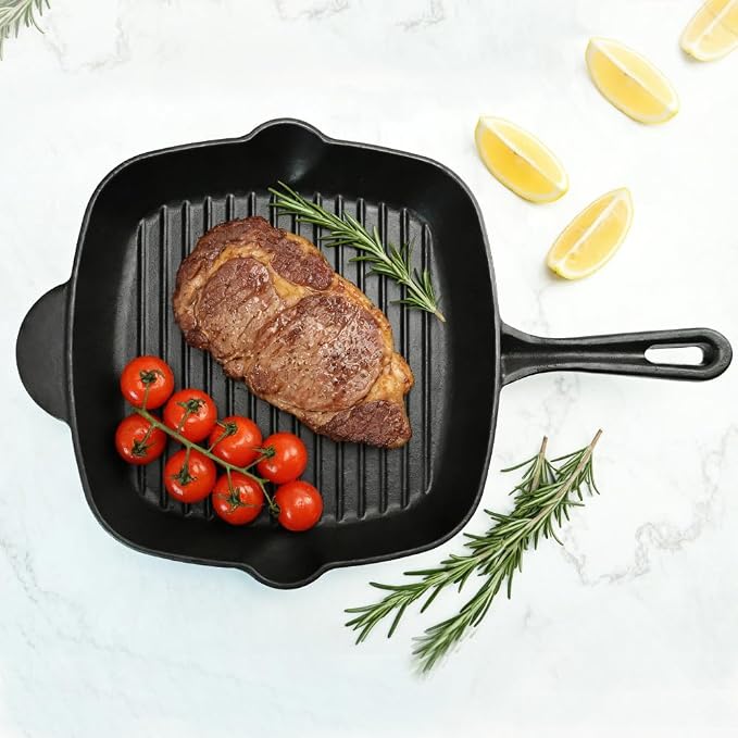 11 Inch Square Grill Pan & Cast Iron 10.5 Inch Round Griddle, Pre-Seasoned Crepe Pan, BBQ Hot Plate Pans with Handle Silicone