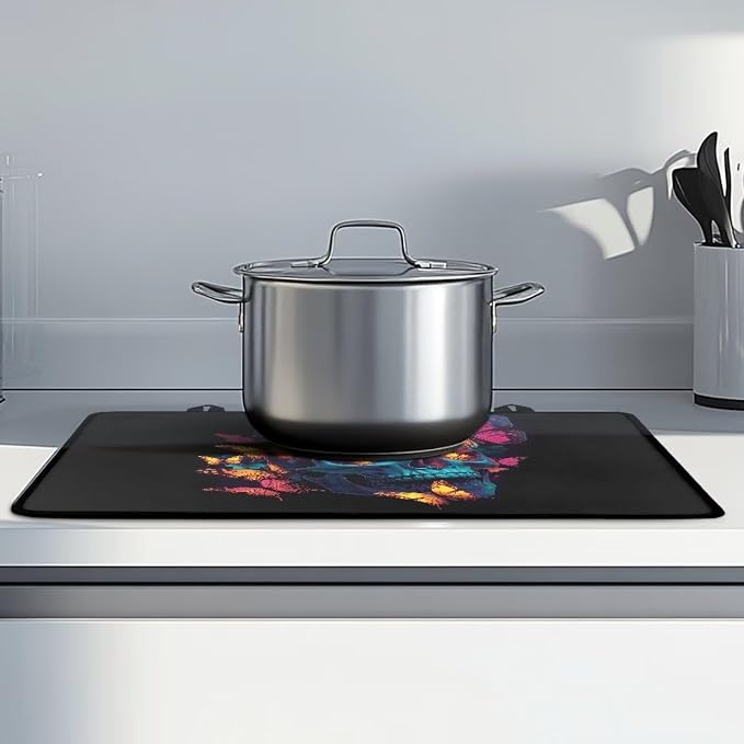 Groovy Skull Colorful Butterfly Print Stove Top Covers for Electric Stove Dish Drying Cooktop Cover Anti-Slip Stovetop Protector Range Covers for Glass Top Stove, 29.18 x 20.96 inch