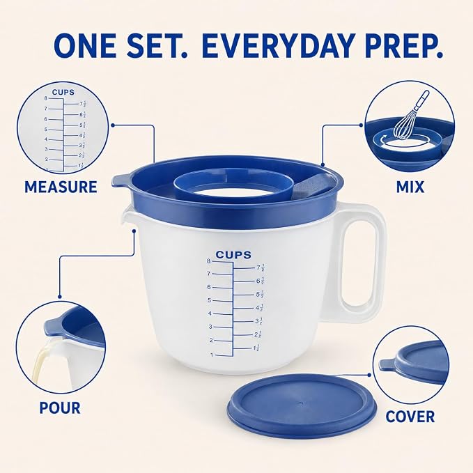 8 Cup Measuring Cup with Splash Guard Lid, BPA-Free Plastic Mixing Bowl for Baking, Pancakes & Meal Prep, Clear Accurate Measurement Marks
