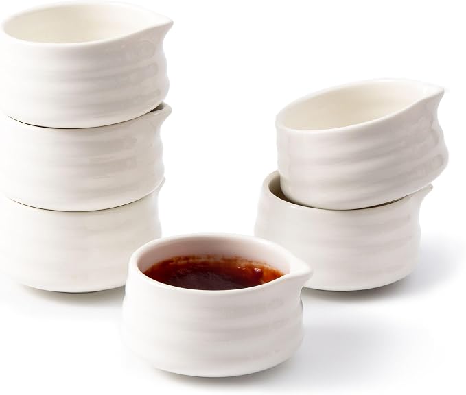 Ceramic Small Sauce Bowls with Spout, White, 3OZ, Set of 6 | Mini Prep Bowls, Small Condiment Dish/Pinch Set for Sushi/Ketchup/BBQ, Dishwasher & Oven Safe, Easy to Clean