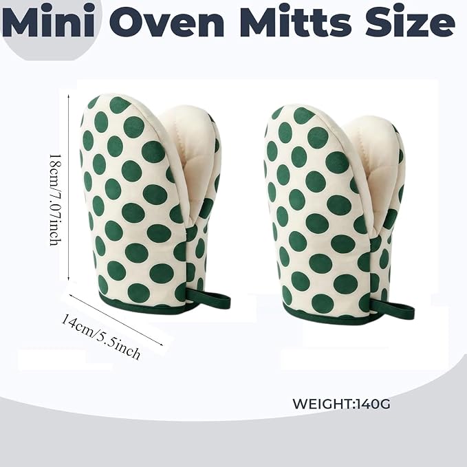 1 Pair Mini Oven Mitts,High Heat Resistant Oven Gloves,Kitchen Short Oven Mit with Hanging Loop for BBQ, Baking, Cooking and Grilling, (dotGreen)