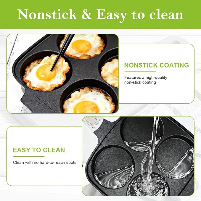 RANX INGST 4-Cup Egg Pan Nonstick with Lid 10 Inch Large Pancake Pan, White | Detachable Handle, Omelette Skillet Induction Compatible for Breakfast