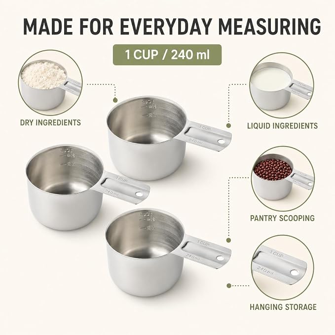 3PCS Measuring Cup, HIA 1 Cup Stainless Steel Metal Measuring Cups with Ergonomic Handle, Great for Wet and Dry Ingredients