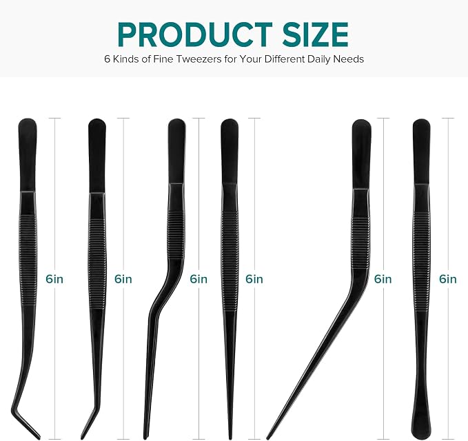 Kitchen Tweezer Tongs Set for Chef Food Plating,6 Pcs,6.3", Black | Stainless Steel, Offset Small Thin Skinny Bar Cooking Culinary Garnish Bartender Tweezer Tongs Set, For bartending garnishing