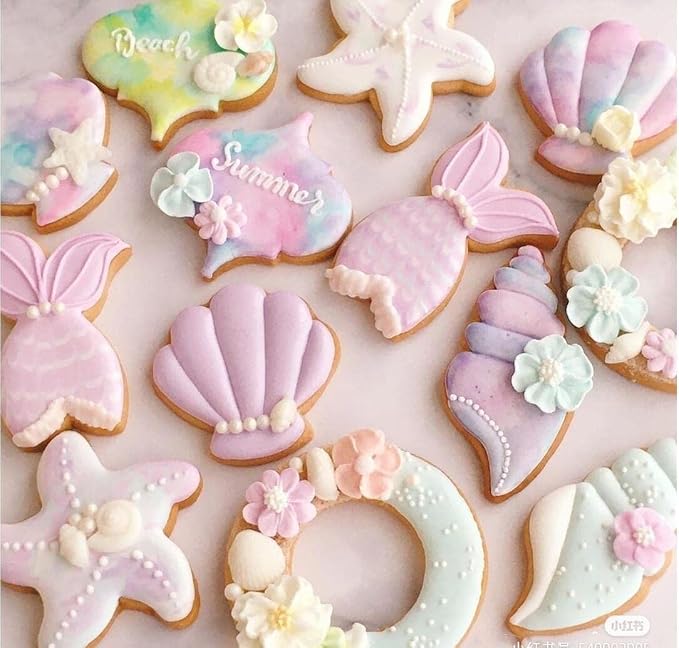 6 PCS Mermaid Cookie Cutters, Mermaid Tail,Starfish,Seashell, Shark, Crab Shapes Summer Themed Biscuits Molds Stainless Steel Metal Cutter for Kids Birthday Party Holidays