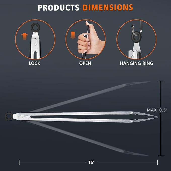 Hotec Stainless Steel Kitchen Tongs, 16 Inch Extra Long Locking Metal Food Tongs for Cooking, Serving, BBQ, Grill Non-Slip Grip