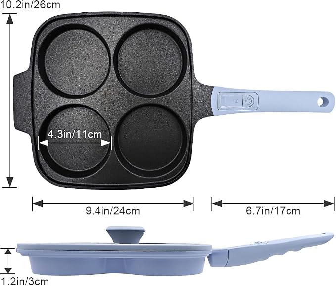 RANX INGST 4-Cup Egg Pan Nonstick with Lid 10 Inch Large Pancake Pan, Blue | Detachable Handle, Omelette Skillet Induction Compatible for Breakfast