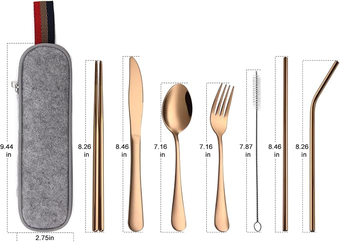 DEVICO Camping Utensils, Full-Size Travel Silverware Set with Case for Work | 8Pcs Stainless Steel Travel Cutlery Set, Portable Metal Straws Chopsticks Fork Spoon Knife Set for Lunch Box/School,Rose Gold