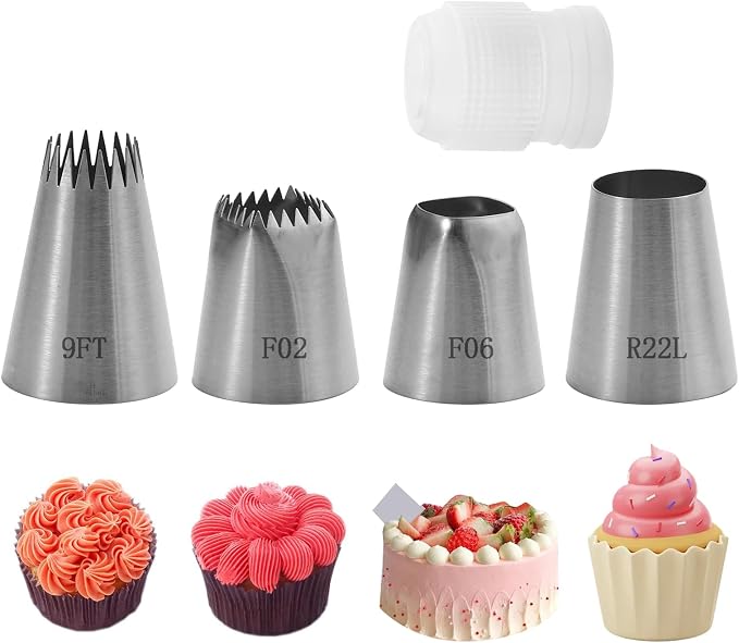 5 Pcs Large Piping Tips Set with Coupler, Stainless Steel Frosting Tips for Cake Decorating, Extra Large Pastry Nozzles for Cupcakes, Cookies, Churros, Eclairs, Meringue and Baking(F02/F06/9FT/R22L)