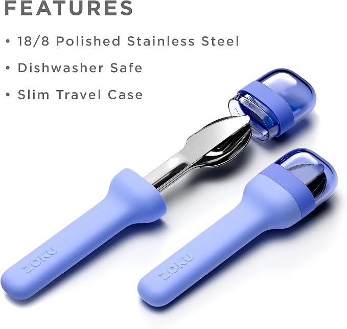 Zoku Pocket Utensil Set Stainless Steel Fork, Knife, and Spoon in Case Blue