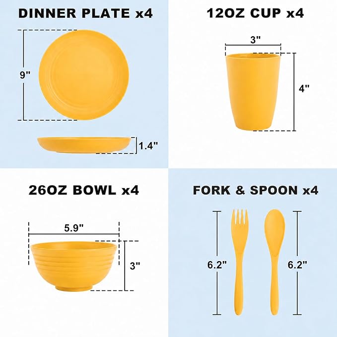 20 Piece Wheat Straw Dinnerware Sets for 4, Unbreakable Dish Set,Reuseable Kids Plates and Bowls Sets for 4, Lightweight Kitchen Dishware Set for Camping, Picnic, and Famliy Meal - Yellow