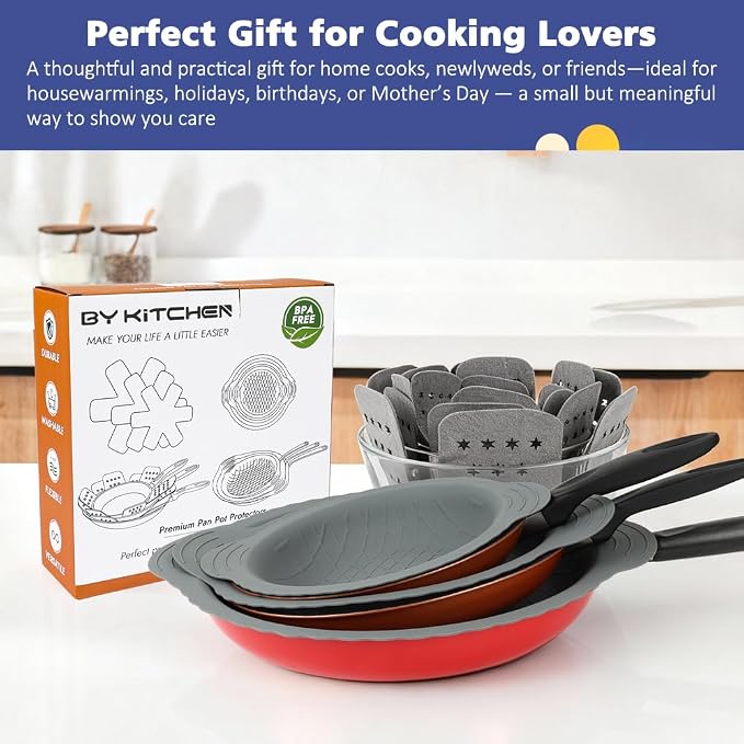 BYKITCHEN 3PCS Silicone Pan Protectors with 6PCS Felt Pot Separators Pads | Cookware Dividers for Stacking and Protecting Your Cookware,Compatible with Hexclad Cookware, Tfal Nonstick Frying Pans &More