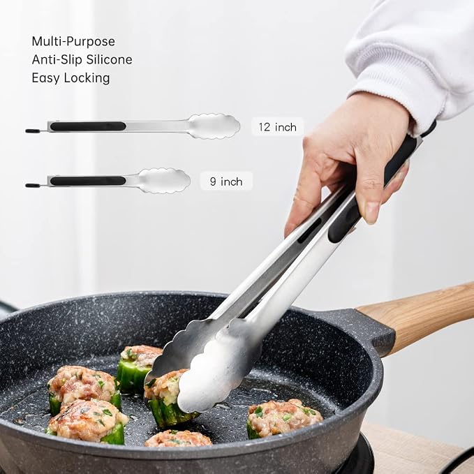 9 & 12 Inch Kitchen Tongs, Stainless Steel Metal Cooking Tongs (9"+12") | For Cooking/Serving/Grilling | Heat-Resistant | Dishwasher Safe