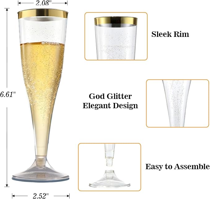 Bestluck 100 Pack 4.5 oz Gold Glitter Champagne Flutes Plastic | Plastic Disposable Stemware with Gold Rim, Disposable Champagne Flutes for Party, Mimosa Bar, Wedding, Anniversary
