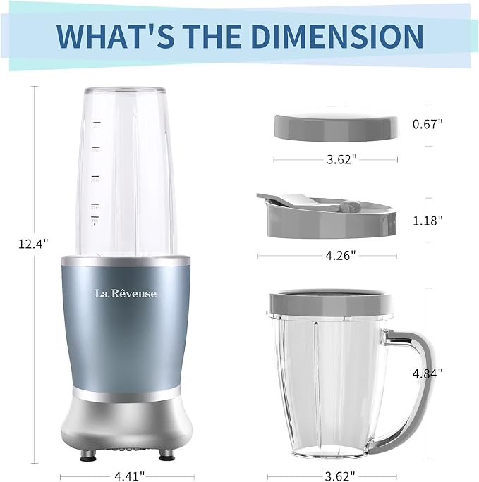 La Reveuse Personal Smoothie Blender, 7 Pieces Set, 250W, Pearl Blue | for Shakes Smoothies Dips Sauces, BPA-free, Push to Blend, (1) 15oz Cup, (1) 10oz Mug, Dishwasher Safe, Compact, LARB2501L