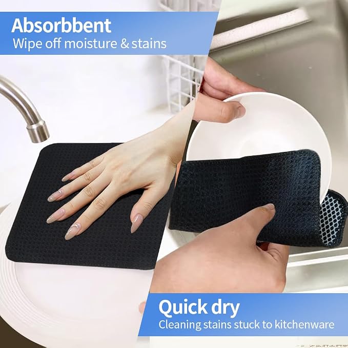 Dish Cloths with Scrub Side, Microfiber Dish Rags Kitchen Washcloths | Absorbent dish cloths for washing dishes with scrubber side Quick dry kitchen wash cloths and dish rags 9Pack 7Inch darkblack