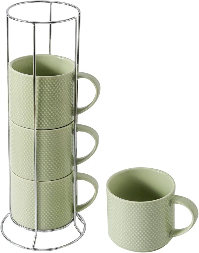 HASENSE Coffee Mugs Set with rack, 15 Ounce Porcelain Stackable Large Coffee Cups Set of 4 with handle for Drinks Like Tea, Cappuccino, Milk, Mocha and Cereal, Microwave & Dishwasher Safe, Green