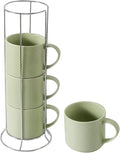 HASENSE Coffee Mugs Set with rack, 15 Ounce Porcelain Stackable Large Coffee Cups Set of 4 with handle for Drinks Like Tea, Cappuccino, Milk, Mocha and Cereal, Microwave & Dishwasher Safe, Green